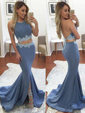 Trumpet/Mermaid Sleeveless Halter Sweep/Brush Train Applique Stretch Crepe Two Piece Dresses TPP0002804