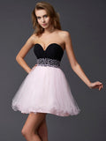 A-Line/Princess Beading Sweetheart Sleeveless Short Elastic Woven Satin Homecoming Dresses TPP0008393