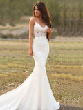 Trumpet/Mermaid Stretch Crepe Applique Spaghetti Straps Sleeveless Sweep/Brush Train Wedding Dresses TPP0005953