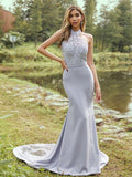 Sheath/Column Stretch Crepe Lace Halter Sleeveless Sweep/Brush Train Bridesmaid Dresses TPP0004957