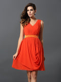 A-Line/Princess V-neck Pleats Sleeveless Short Chiffon Bridesmaid Dresses TPP0005857