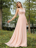 A-Line/Princess Chiffon Lace V-neck Sleeveless Floor-Length Bridesmaid Dresses TPP0004989