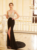 Sheath/Column V-neck Beading Sleeveless Sweep/Brush Train Spandex Dresses TPP0002126