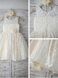 A-line/Princess Sleeveless Scoop Hand-made Flower Tea-Length Lace Flower Girl Dresses TPP0007792