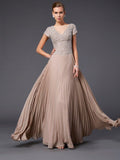 A-Line/Princess V-neck Short Sleeves Beading Long Chiffon Mother of the Bride Dresses TPP0007126