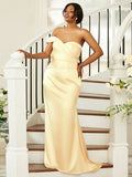 Sheath/Column Elastic Woven Satin Ruched One-Shoulder Sleeveless Sweep/Brush Train Bridesmaid Dresses TPP0004986