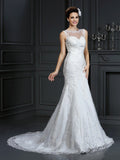 Sheath/Column Bateau Lace Sleeveless Long Satin Wedding Dresses TPP0006256