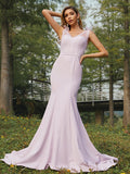 Trumpet/Mermaid Stretch Crepe Ruched V-neck Sleeveless Sweep/Brush Train Bridesmaid Dresses TPP0004993