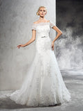 Sheath/Column Off-the-Shoulder Applique Short Sleeves Long Net Wedding Dresses TPP0006450