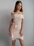 Sheath/Column Stretch Crepe Sash/Ribbon/Belt Off-the-Shoulder Sleeveless Short/Mini Dresses TPP0009060