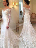 Trumpet/Mermaid Off-the-Shoulder Court Train Long Sleeves Applique Lace Wedding Dresses TPP0006139