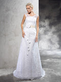 Sheath/Column Sheer Neck Hand-Made Flower Sleeveless Long Satin Wedding Dresses TPP0006901