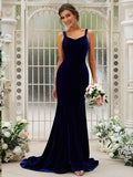 Trumpet/Mermaid Velvet Ruffles Straps Sleeveless Sweep/Brush Train Bridesmaid Dresses TPP0004964