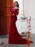 Trumpet/Mermaid Elastic Woven Satin Applique Off-the-Shoulder Long Sleeves Sweep/Brush Train Dresses TPP0001592