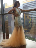 Trumpet/Mermaid Halter Sleeveless Tulle Sequin Court Train Dresses TPP0001653