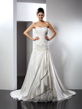 Trumpet/Mermaid Sweetheart Applique Sleeveless Long Satin Wedding Dresses TPP0006815