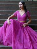 A-Line/Princess Tulle V-neck Beading Short Sleeves Floor-Length Two Piece Dresses TPP0004767