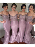 Trumpet/Mermaid Off-the-Shoulder Sleeveless Sweep/Brush Train Beading Satin Bridesmaid Dresses TPP0005276