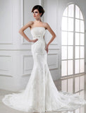 Trumpet/Mermaid Beading Strapless Sleeveless Lace Tulle Wedding Dresses TPP0006936