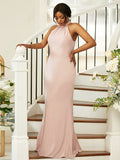 Sheath/Column Silk like Satin Ruched Halter Sleeveless Floor-Length Bridesmaid Dresses TPP0004984