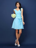 A-Line/Princess V-neck Pleats Bowknot Sleeveless Short Chiffon Bridesmaid Dresses TPP0005372