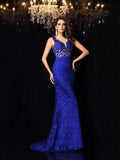 Trumpet/Mermaid High Neck Lace Sleeveless Long Satin Dresses TPP0002495