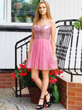 A-Line/Princess Sleeveless Tulle Sequin Spaghetti Straps Short/Mini Homecoming Dresses TPP0004827