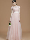 A-Line/Princess Bateau Short Sleeves Floor-Length Sash/Ribbon/Belt Tulle Bridesmaid Dresses TPP0005494