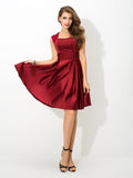 A-Line/Princess Straps Pleats Sleeveless Short Satin Bridesmaid Dresses TPP0005382