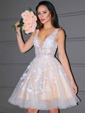 A-Line/Princess V-neck Tulle Applique Sleeveless Short/Mini Homecoming Dresses TPP0003503