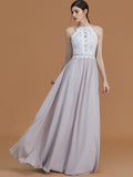 A-Line/Princess Halter Sleeveless Floor-Length Lace Chiffon Bridesmaid Dresses TPP0005137