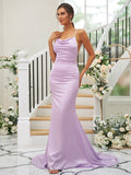 Sheath/Column Charmeuse Ruched Square Sleeveless Sweep/Brush Train Bridesmaid Dresses TPP0004912