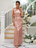 Sheath/Column Sequins Ruched Scoop Short Sleeves Floor-Length Bridesmaid Dresses TPP0004938