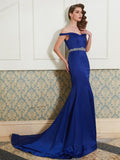 Trumpet/Mermaid Off-the-Shoulder Sleeveless Crystal Sweep/Brush Train Satin Dresses TPP0003094