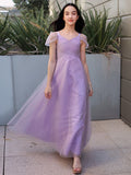 A-Line/Princess Tulle Ruched V-neck Short Sleeves Floor-Length Junior/Girls Bridesmaid Dresses TPP0005881