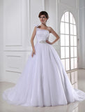 Ball Gown Beading One-shoulder Sleeveless Satin Tulle Wedding Dresses TPP0006941