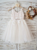 A-Line/Princess Tulle Lace V-neck Sleeveless Knee-Length Flower Girl Dresses TPP0007473