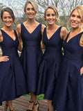 A-Line/Princess V-neck Sleeveless Tea-Length Satin Bridesmaid Dresses TPP0005167