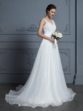 A-Line/Princess V-neck Sleeveless Floor-Length Lace Chiffon Wedding Dresses TPP0006395