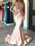 Trumpet/Mermaid Halter Satin Sleeveless Applique Sweep/Brush Train Dresses TPP0001774