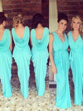 Sheath/Column V-neck Sleeveless Chiffon Ruched Floor-Length Bridesmaid Dresses TPP0005373