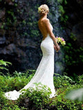 Sheath/Column Sleeveless V-neck Spaghetti Straps Court Train Lace Wedding Dresses TPP0006240