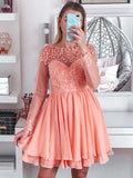 A-Line/Princess Bateau Long Sleeves Short/Mini Applique Chiffon Homecoming Dresses TPP0004687