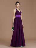 A-Line/Princess Halter Sleeveless Sash/Ribbon/Belt Floor-Length Chiffon Bridesmaid Dresses TPP0005410