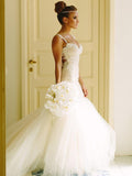 Trumpet/Mermaid Sleeveless Sweetheart Spaghetti Straps Court Train Applique Lace Tulle Wedding Dresses TPP0006334