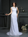 Sheath/Column High Neck Lace Sleeveless Long Lace Wedding Dresses TPP0006844