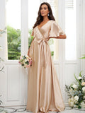 A-Line/Princess Silk like Satin Sash/Ribbon/Belt V-neck Short Sleeves Floor-Length Bridesmaid Dresses TPP0004897