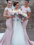 Trumpet/Mermaid Bateau Sleeveless Sweep/Brush Train Beading Satin Bridesmaid Dresses TPP0005633