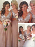 A-Line/Princess V-neck Sleeveless Floor-Length Sequin Chiffon Bridesmaid Dresses TPP0005077