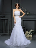 Trumpet/Mermaid Strapless Beading Sleeveless Long Lace Wedding Dresses TPP0006563